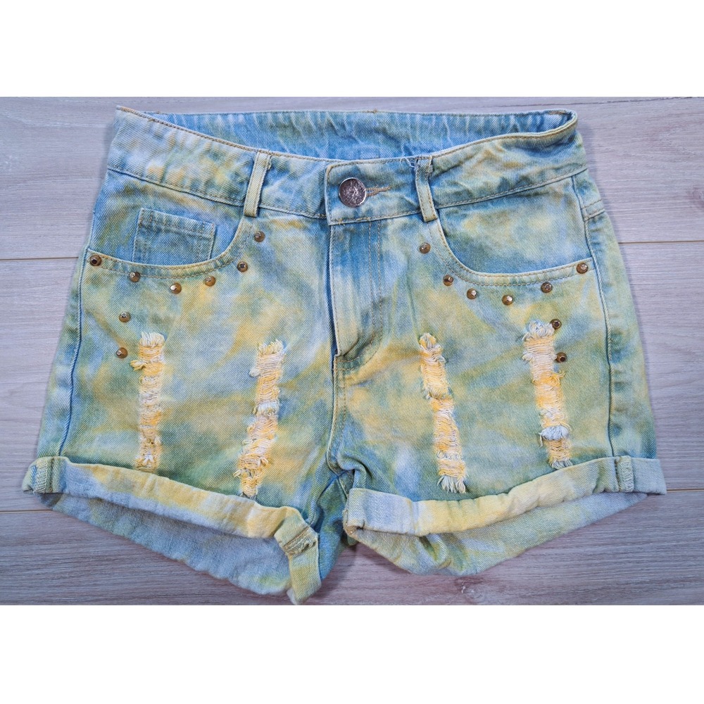 Hot & Delicious Y2K Acid Wash Distressed Studded Denim Shorts Blue Yellow Size S